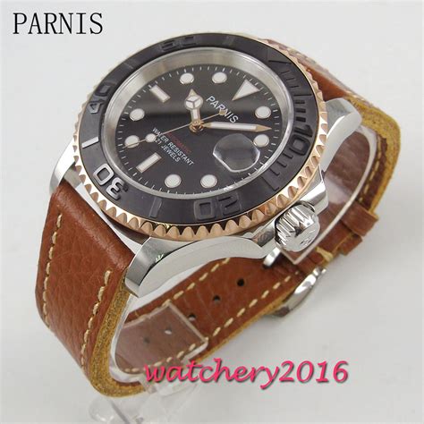 41mm Parnis Brown Dial Brown Leather Strap Luminous Sapphire Glass Date