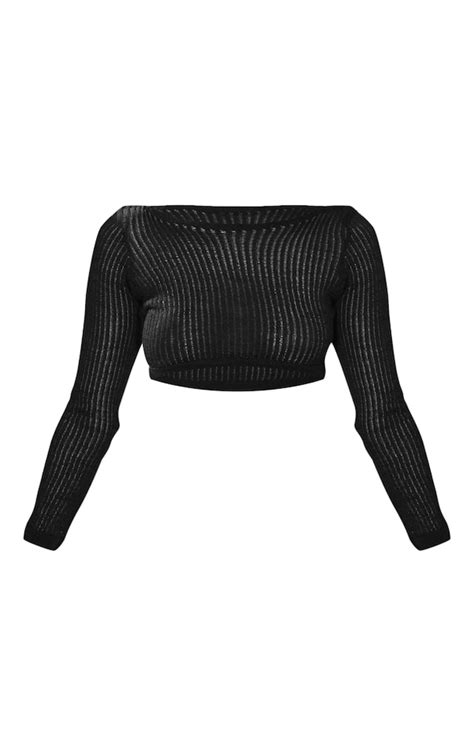 Black Fine Ladder Knitted Long Sleeve Crop Top Knitwear Prettylittlething