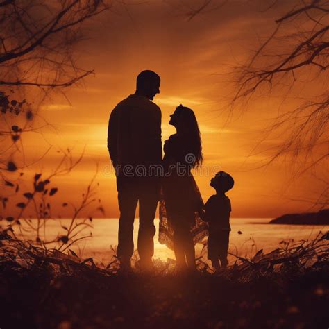 Silhouette of Happy Family Watching a Sunset. Stock Illustration - Illustration of life, created ...