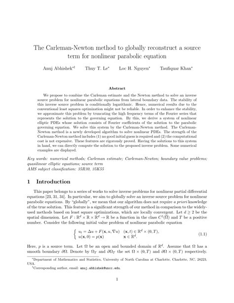 Pdf The Carleman Newton Method To Globally Reconstruct A Source Term