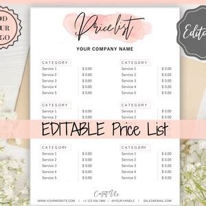 Hair PRICE LIST Template Editable Printable Price Sheet Price Guide