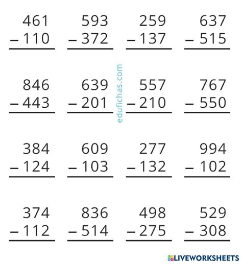 Subtração sem reserva | Live Worksheets