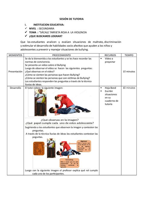 Tutoria Sacale Tarjeta Roja A La Violencia Sesi N De Tutoria I