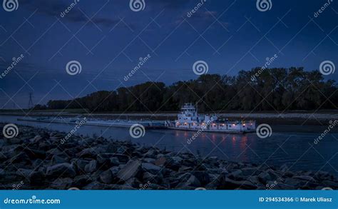 Towboat with Barges on Chain of Rock Bypass Canal of Mississippi River ...