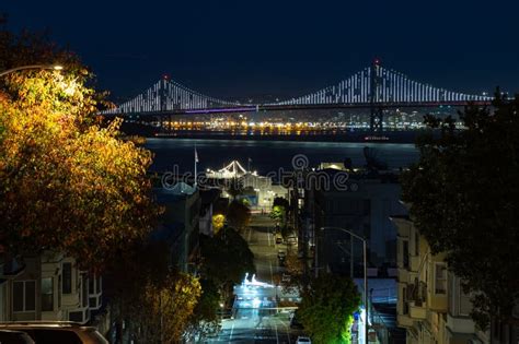 Oakland Bay Bridge at Night Stock Photo - Image of oakland, lights ...