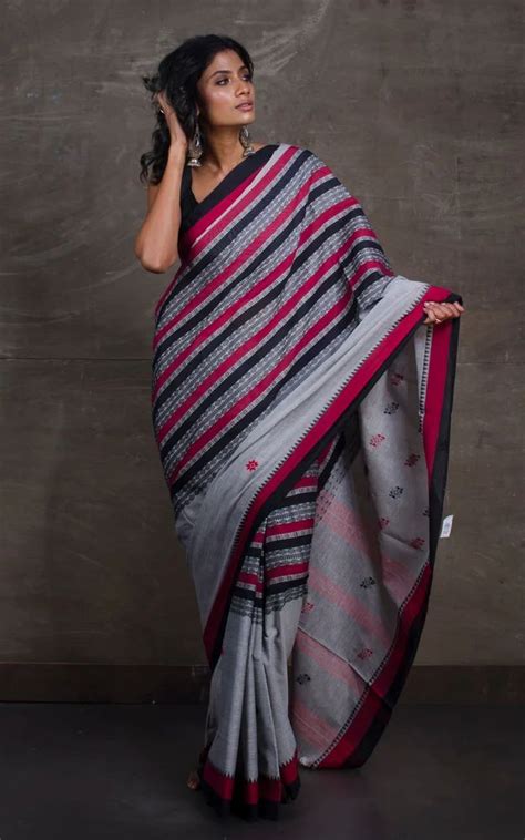 Bengal Handloom Begampuri Cotton Saree In Grey Black And Dark Red At