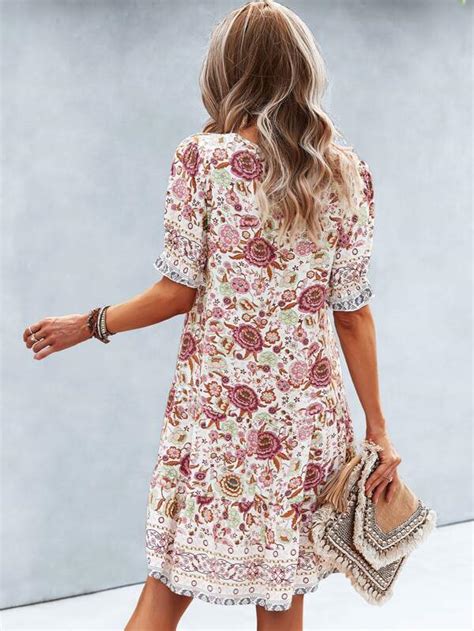 Shein Vcay Allover Floral Print Flounce Sleeve Smock Dress Shein Usa