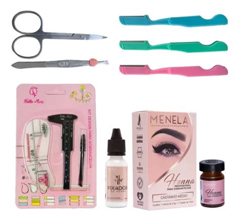 Kit Henna Menela Sobrancelha Pincel Navalha Pin A Tesoura Cor Castanho