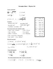 Formula Sheet PHYS111 Formula Sheet Physics 111 Vectors And Math