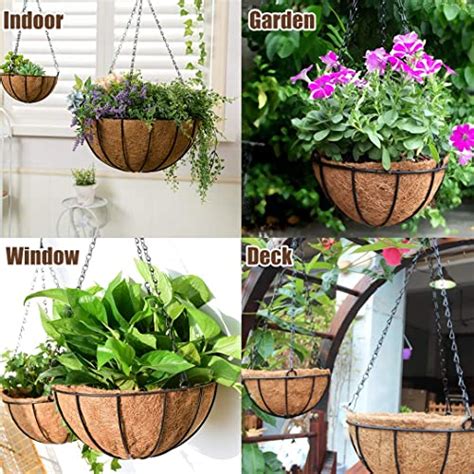 2 Pack 14 Inch Metal Hanging Planter Basket With Coco Coir Liner Wall Mount Round Wire Plant