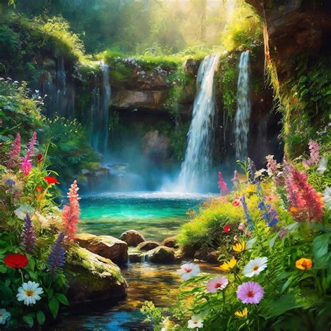 Premium Photo | A painting of a waterfall with flowers and a waterfall ...