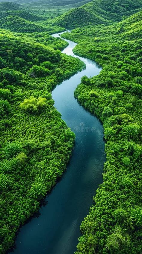 Aerial View Of A Winding River Through Lush Landscapes Stock Photo