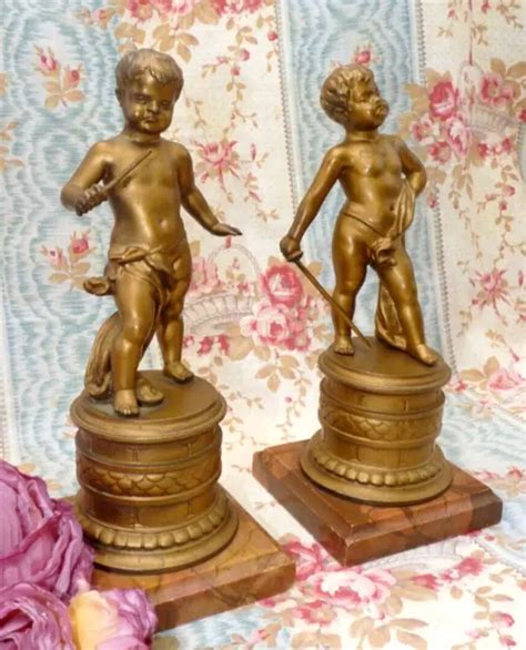 ANCIENNE PAIRE DE PUTTI AMOUR en RÉGULE et MARBRE XIXe STATUETTES