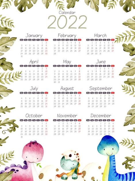 Acuarela Calendario Dinosaurio Con Planta Vector Premium