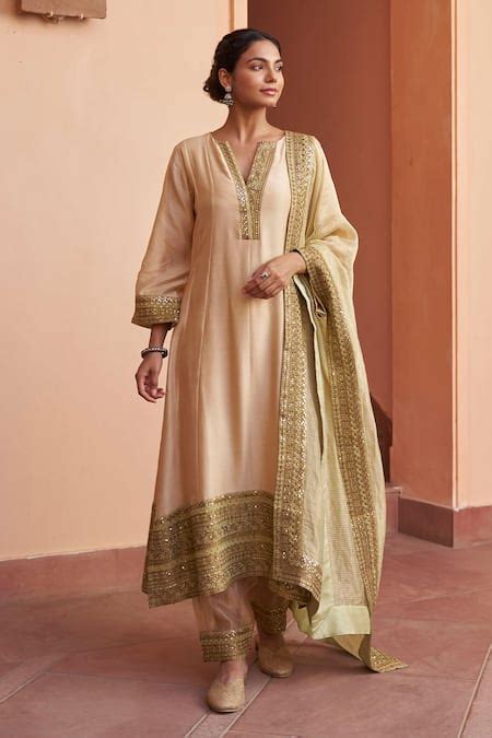 Buy Beige Chanderi Embroidery Sequin V Neck Placket Anarkali Set For