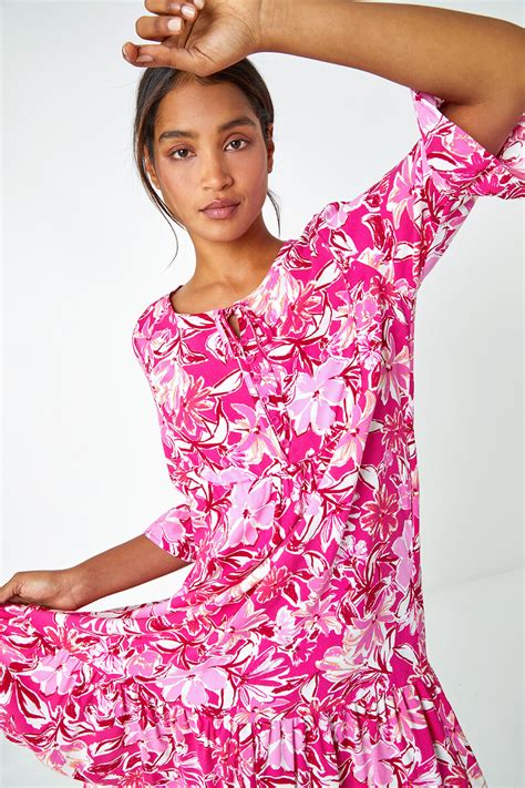 Pink Floral Print Frill Detail Smock Dress Roman Uk