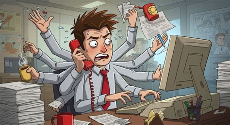 office worker overwhelmed  tasks  cartoon illustration
