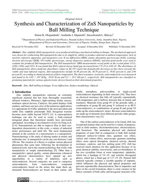 Pdf Synthesis And Characterization Of Zns Nanoparticles By Ball