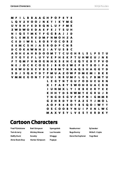 Free Printable Cartoon Characters Themed Word Search Puzzle Free