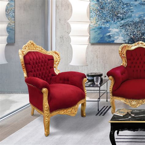 Grand Fauteuil De Style Baroque Velours Bordeaux Et Bois Dor