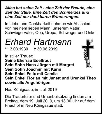 Traueranzeigen Von Erhard Hartmann Abschied Nehmen De