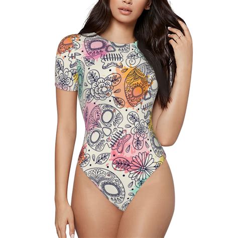 Easygdp Skull And Flowers Womens One Piece Swimsuit Slim Fit Crew Neck