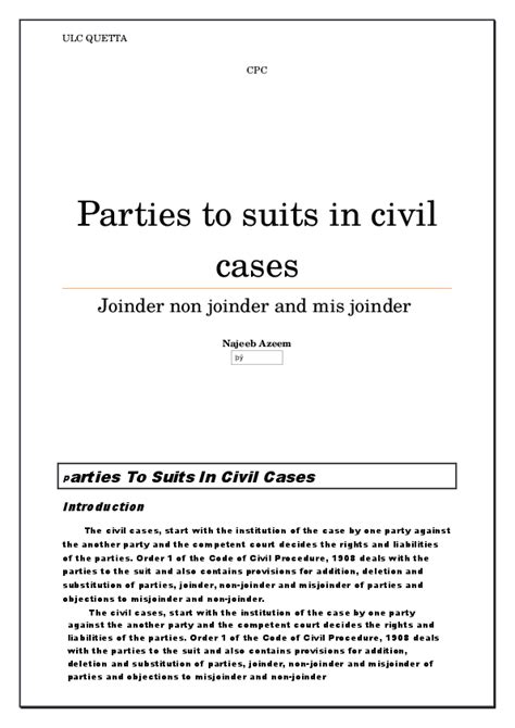 Doc Parties To Suits In Civil Cases Joinder Non Joinder And Mis Joinder