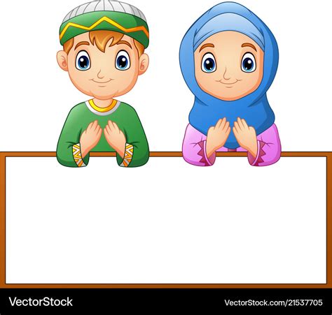 Muslim couple kid praying with blank sign Vector Image