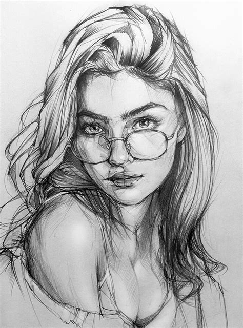 A Pencil Drawing Of A Woman With Glasses