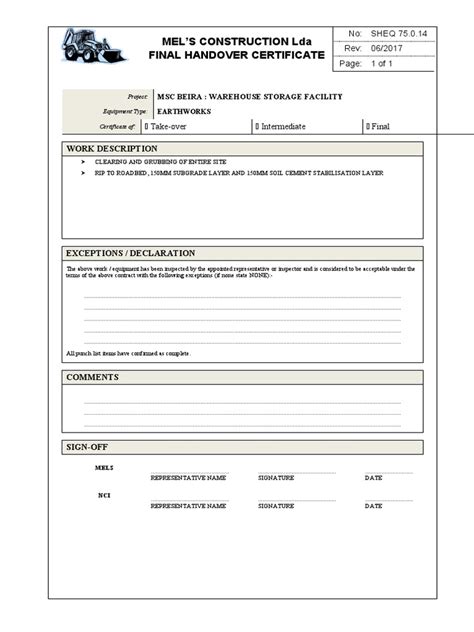 Handover Certificate Template