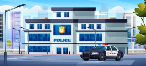 Premium Vector | Police station building with police car on cityscape ...