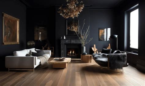 Premium AI Image | A living room with a black wall and a fireplace with ...