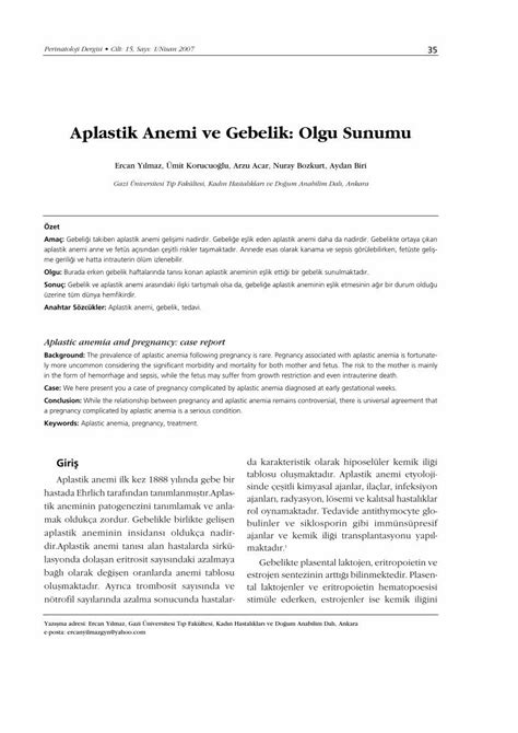 PDF Aplastik Anemi Ve Gebelik Olgu Sunumu Perinatal PDF