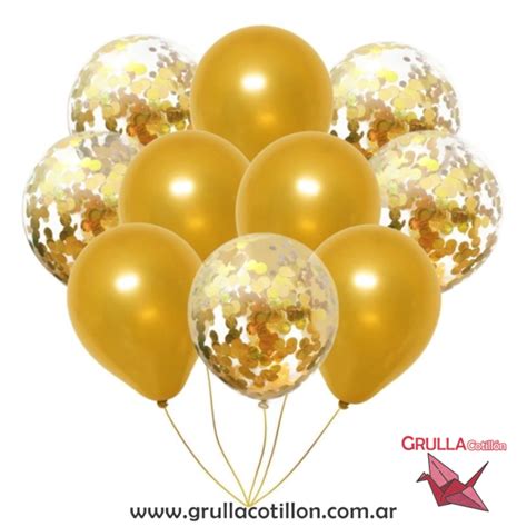 SET GLOBOS CONFETTI DORADO Y PERLADO DORADO X10