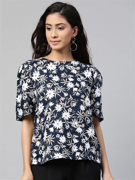 Buy Marks Spencer Women Navy Blue White Floral Printed Linen Top