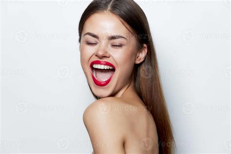 Woman Portrait Naked Shoulders Wide Open Mouth Closed Eyes Studio Red