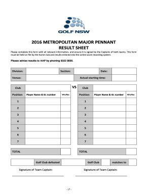 Fillable Online 2016 METROPOLITAN MAJOR PENNANT RESULT SHEET Fax Email