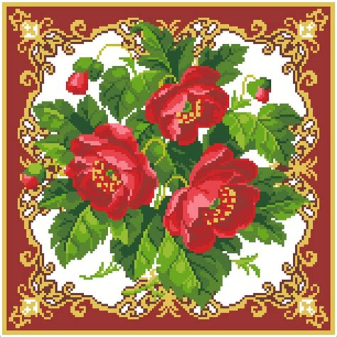 A Cross Stitch Pattern With Red Flowers And Green Leaves