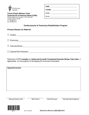 Fillable Online Cardiovascular Pulmonary Rehab Referral Form Fax Email