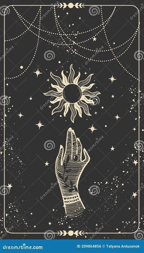 Tarot Card With Hand And Sun Magical Boho Design With Stars Engraving Stylization Witch Cover