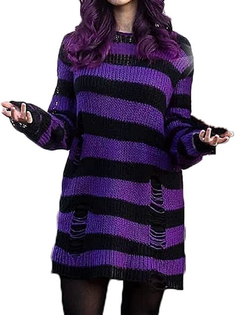 Womens Y2K Striped Oversized Sweater Pullovers Ripped Punk Gothic Long