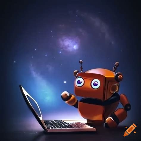 Copper Robot Writing On A Laptop With Planets In The Background On Craiyon