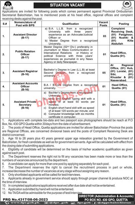 Provincial Ombudsman Secretariat Balochistan Jobs 2023 Balochistan Jobs