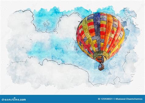 Watercolor Painting Illustration Of Hot Air Balloon In The Sky Stock