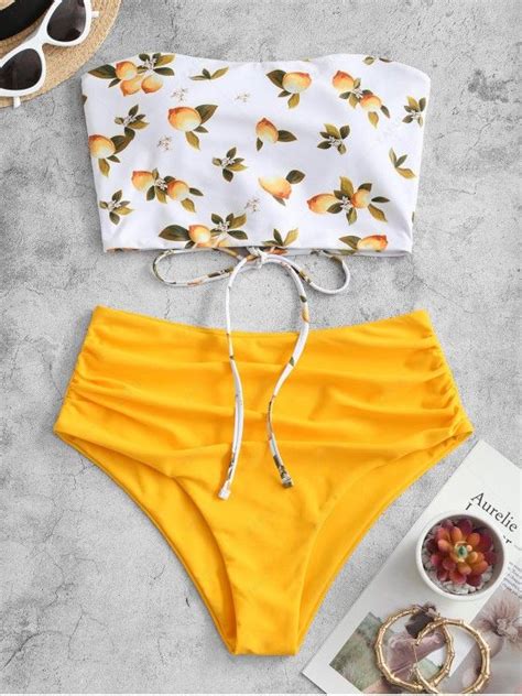 [35 Off] 2021 Zaful Lemon Print Lace Up Ruched Bandeau Tankini