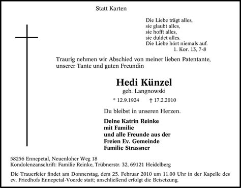 Traueranzeigen von Hedi Künzel Trauer in NRW de