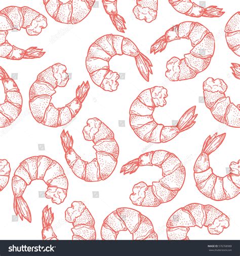 Hand Drawn Seafood Seamless Pattern Shrimp Stock Vector Royalty Free