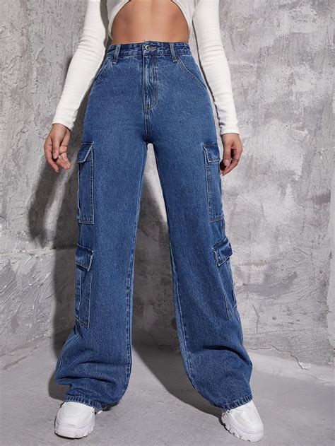 Zipper Fly Flap Pocket Cargo Jeans Em Cal A Jeans De Mulheres