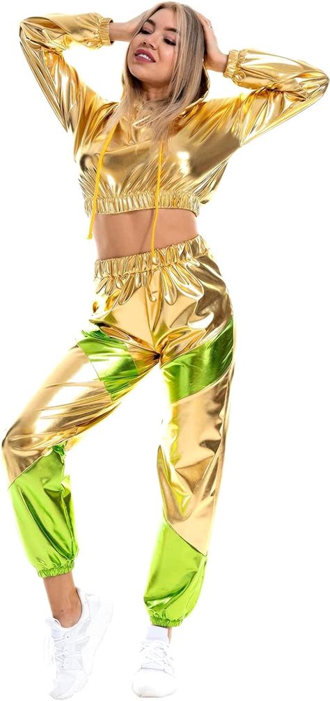 Iwemek Rave Outfits Damen Metallic Top Glitzer Hose Trainingsanzug