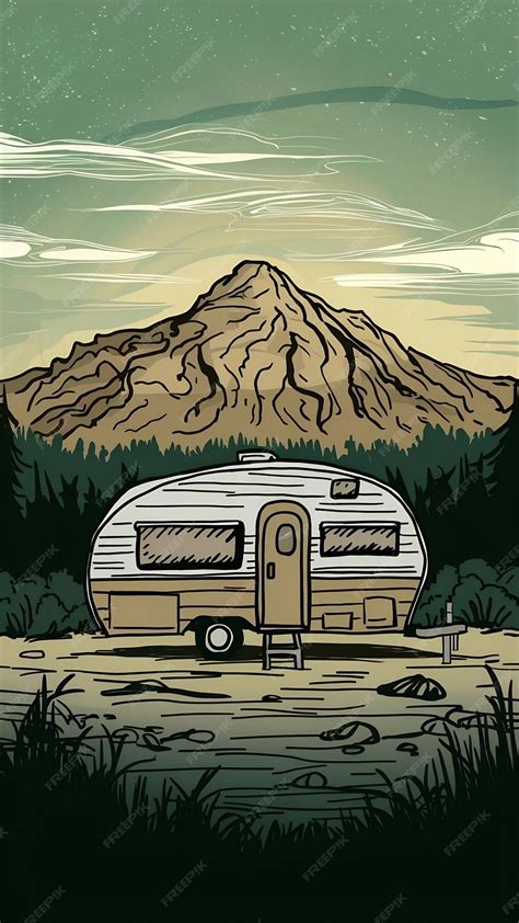 A drawing of a camper with a camper and a mountn in the background ...